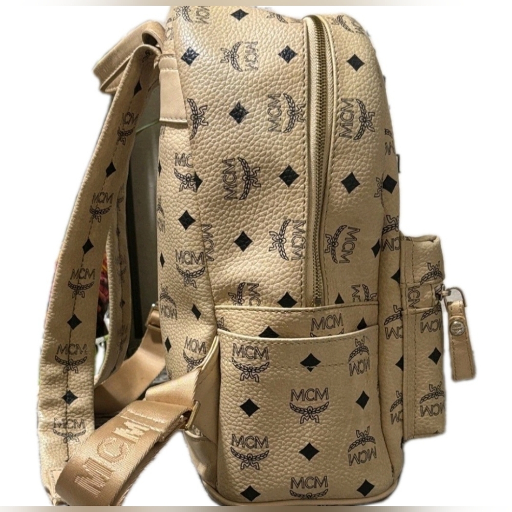 MCM Studded Med Sz(Unisex) Leather Backpack Beige Silver Metal Logo Plate ( EUC) - Picture 2 of 15